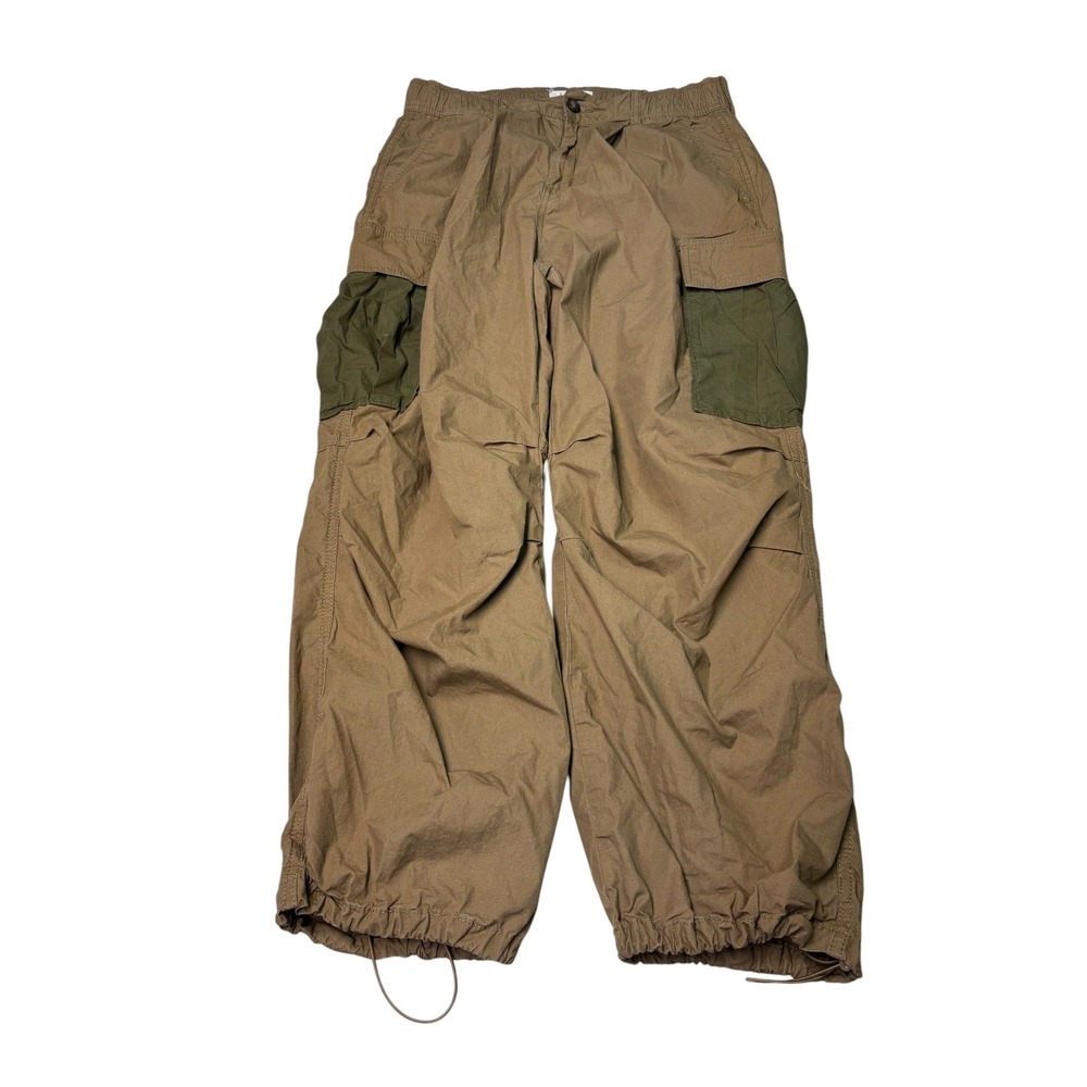 Anthropologie Tan Cotton Wide Leg Cargo Pants Olive Pockets Womens Size 29X28